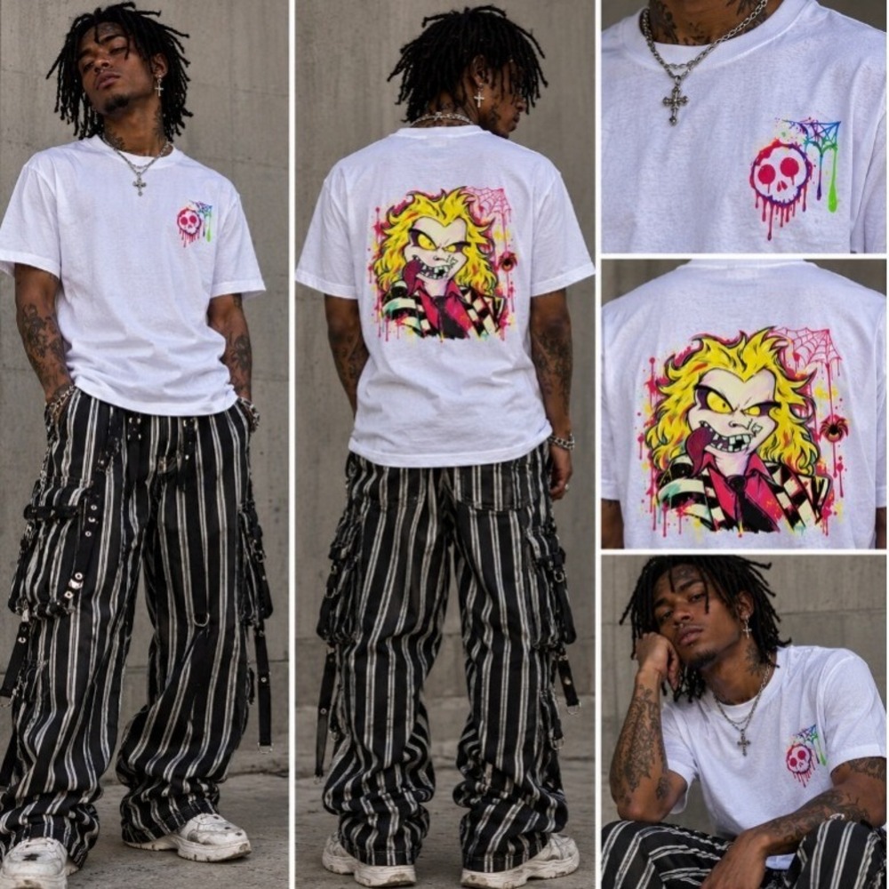 Beetlejuice Inspired Handmade Art To Wear Halloween Shirt Men M Streetwear Skull
